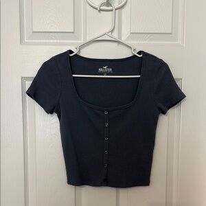 Hollister Blue Short Sleeve Button Down Crop Top